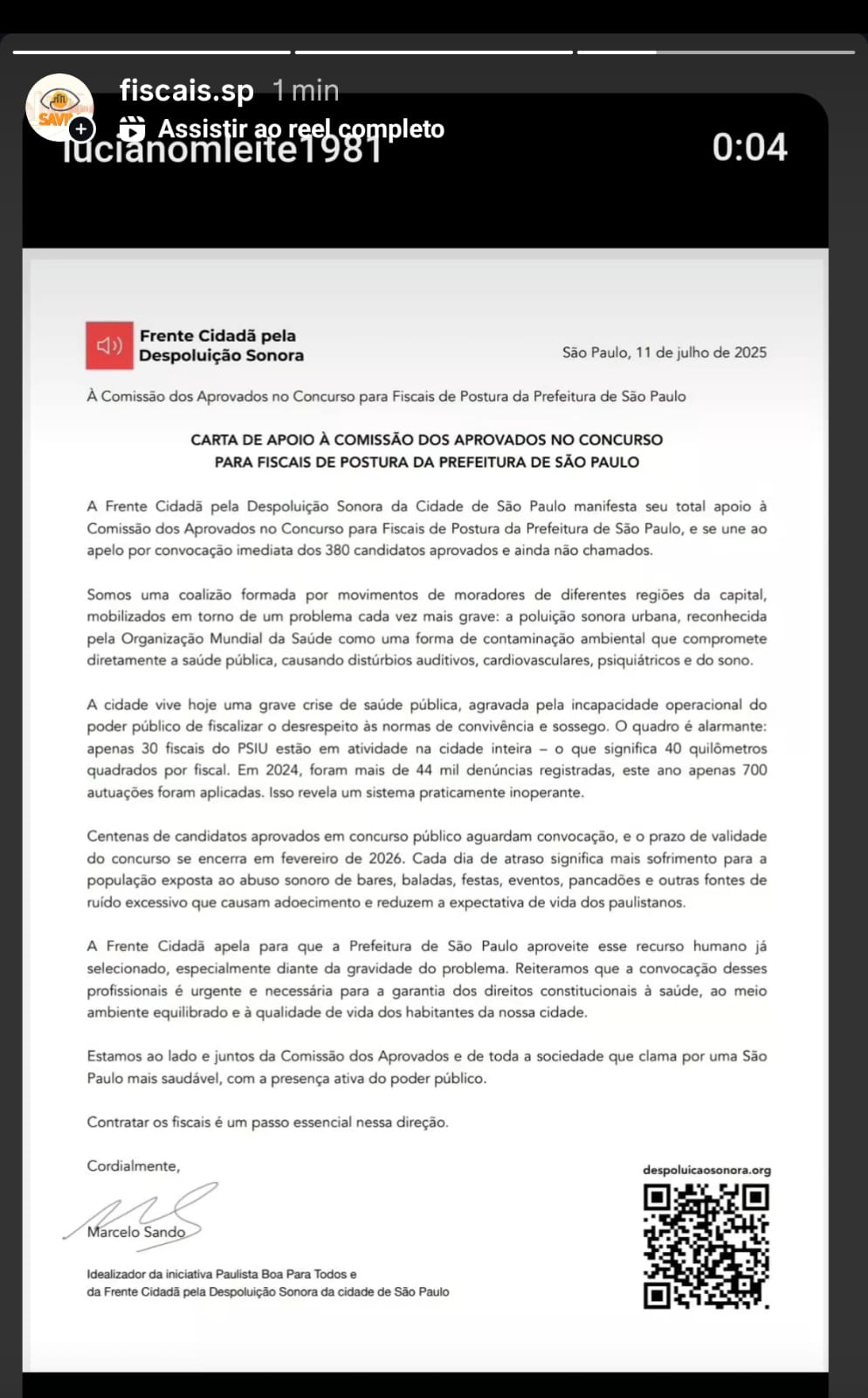 CARTA DE APOIO À COMISSÃO DOS APROVADOS NO CONCURSOPARA FISCAIS DE POSTURA DA PREFEITURA DE SÃO PAULO