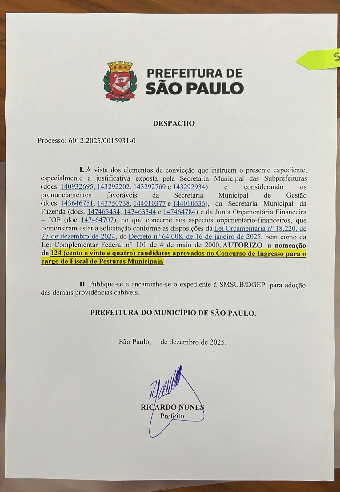 AUTORIZADA A NOMEAÇÃO DE 124 NOVOS FISCAIS DE POSTURAS MUNICIPAIS