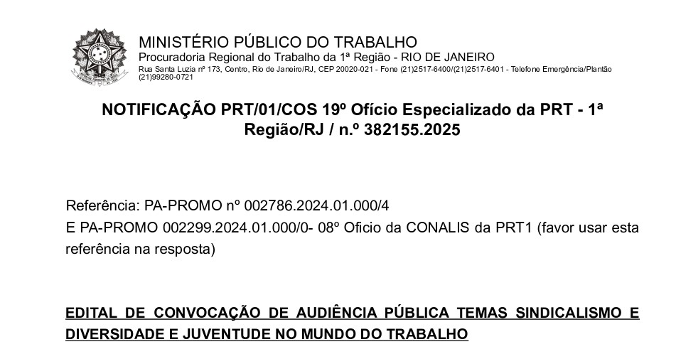 EDITAL DE CONVOCAÇÃO DE AUDIÊNCIA PÚBLICA TEMAS SINDICALISMO E DIVERSIDADE E JUVENTUDE NO MUNDO DO TRABALHO